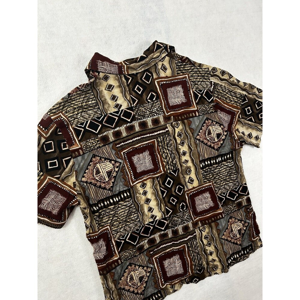 VTG 90s Basic Editions Shirt S Rayon Geometric Tribal Patchwork USA Abstract Art - Picture 6 of 11